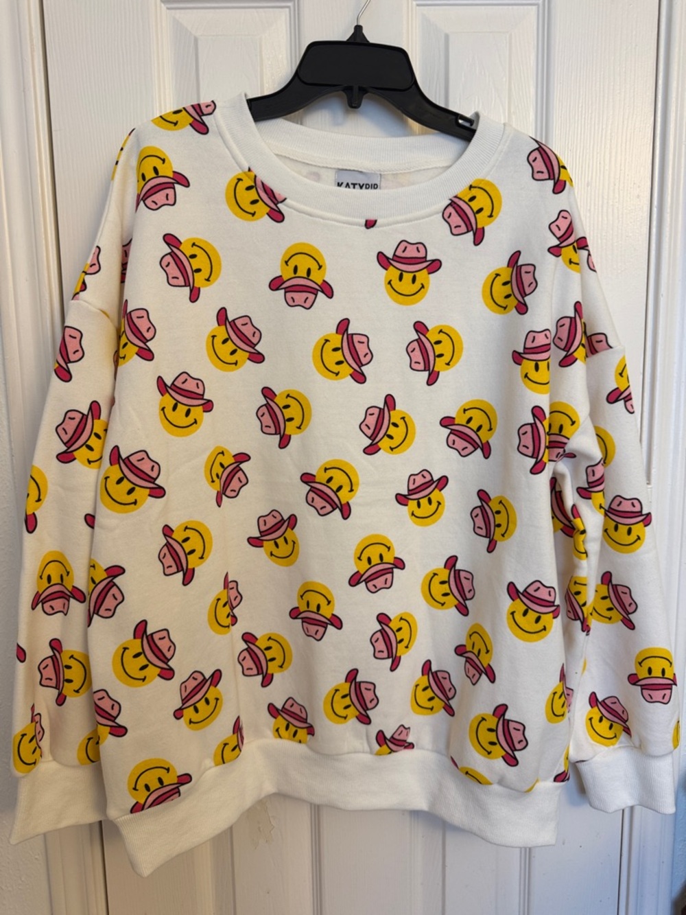Katydid White Sweater with Yellow & Pink Smiley Cowboy Print